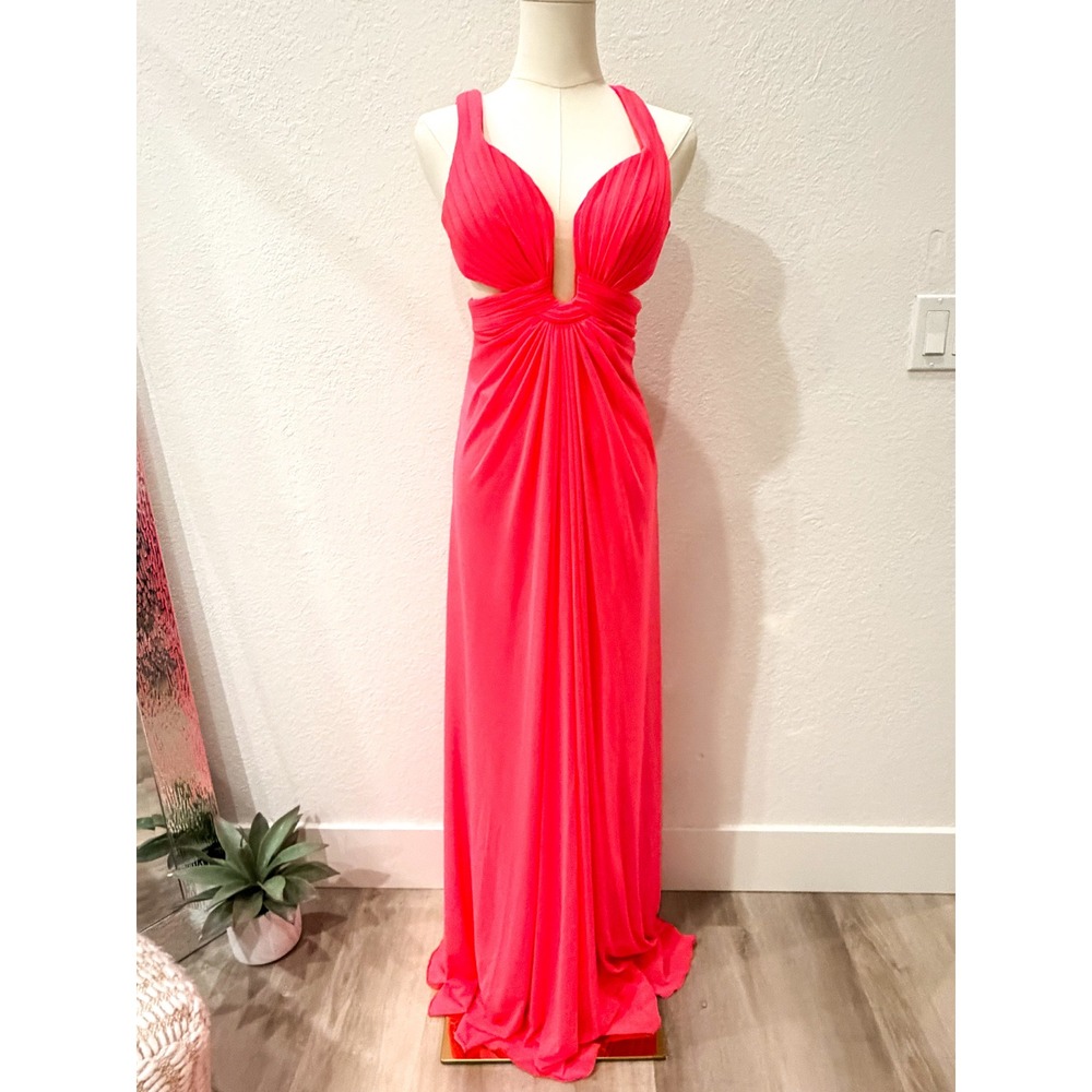La Femme Bright Pink Prom Dress Plunging Cutout Gown Sz 00 HoCo Pegeant Formal